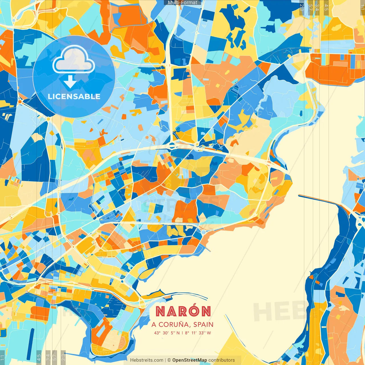 Narón, A Coruña, Spain blue and orange vector art map template