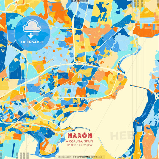 Narón, A Coruña, Spain blue and orange vector art map template