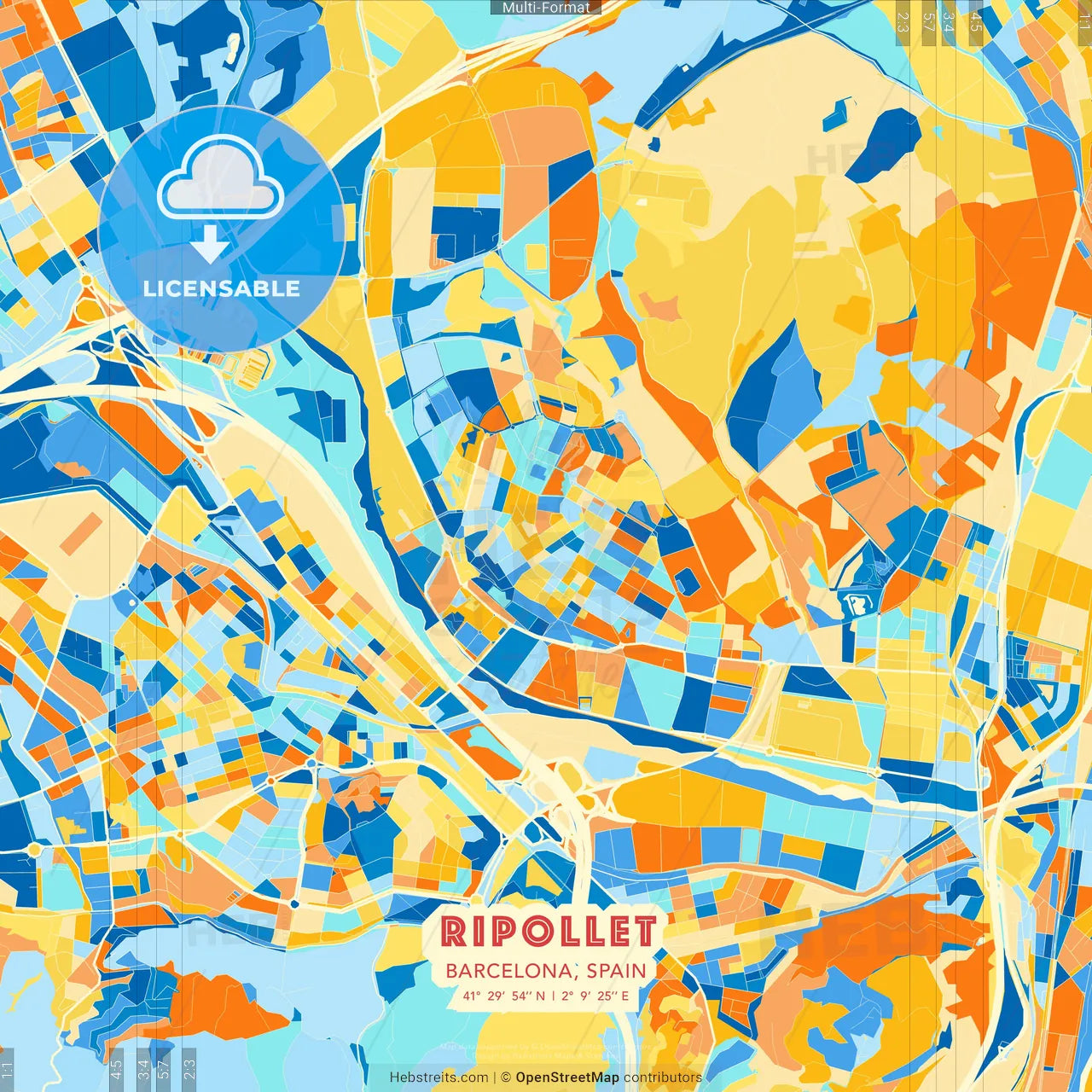 Ripollet, Barcelona, Spain blue and orange vector art map template