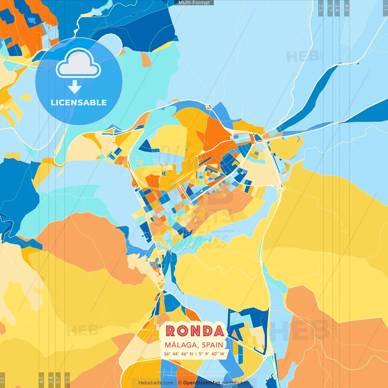 Ronda, Málaga, Spain blue and orange vector art map template