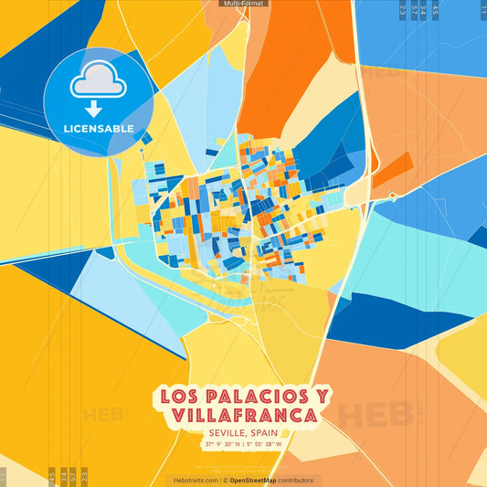 Los Palacios y Villafranca, Seville, Spain blue and orange vector art map template