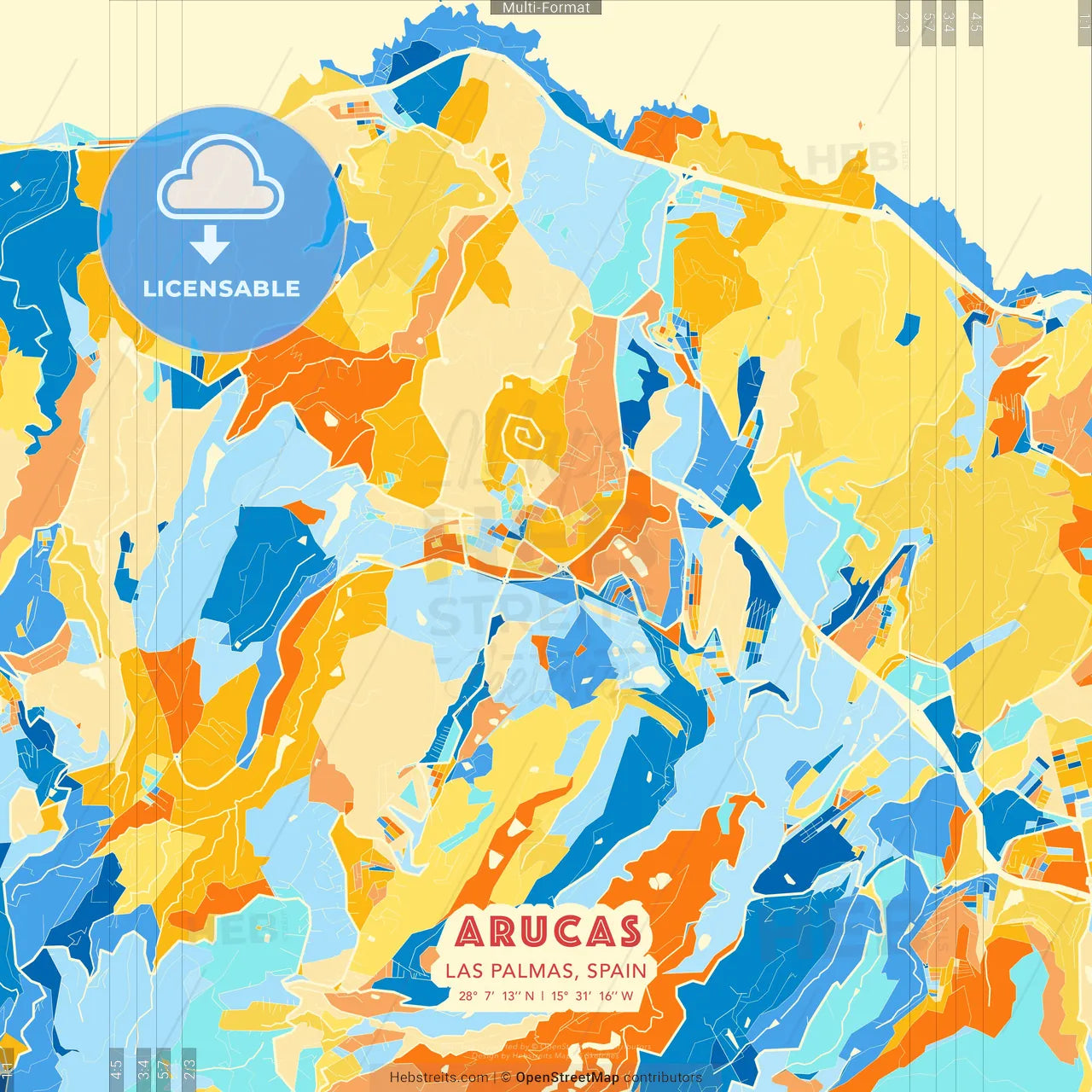 Arucas, Las Palmas, Spain blue and orange vector art map template