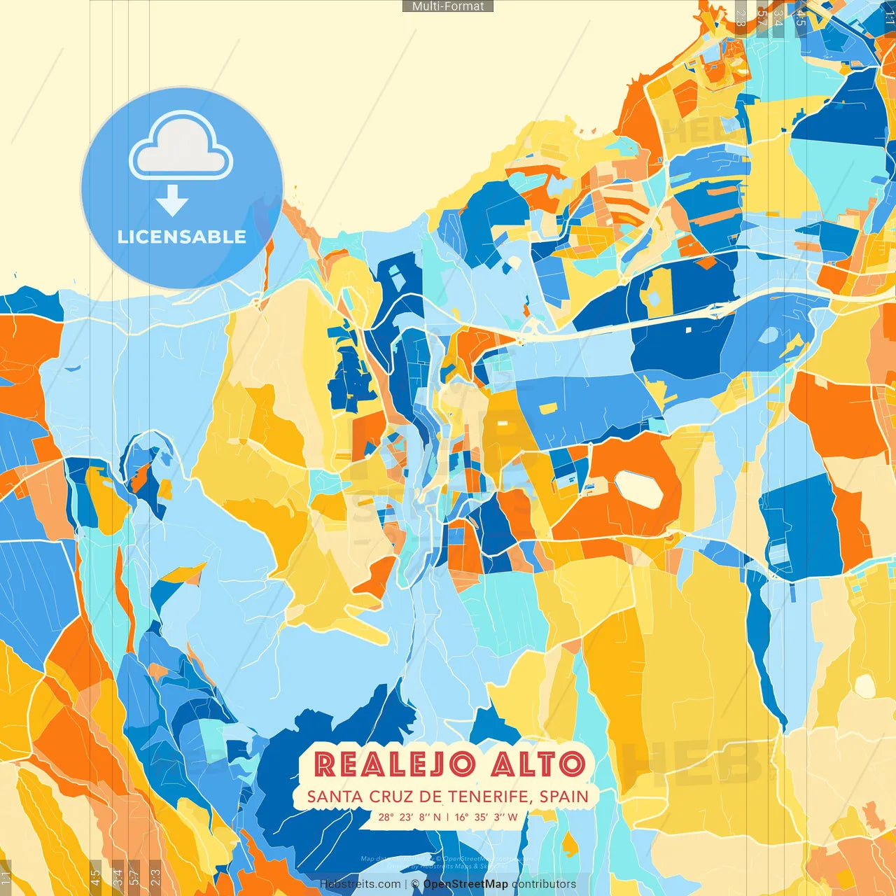 Realejo Alto, Santa Cruz de Tenerife, Spain blue and orange vector art map template