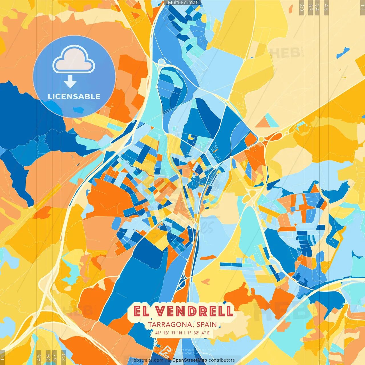 El Vendrell, Tarragona, Spain blue and orange vector art map template