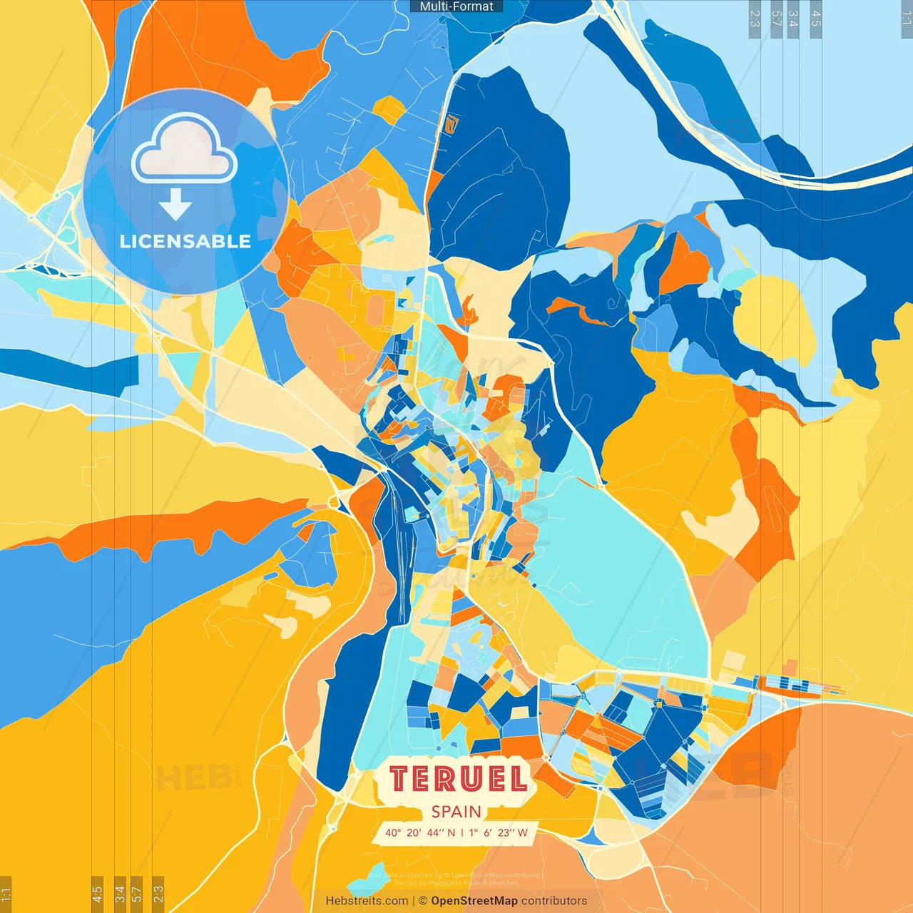 Teruel, Spain blue and orange vector art map template