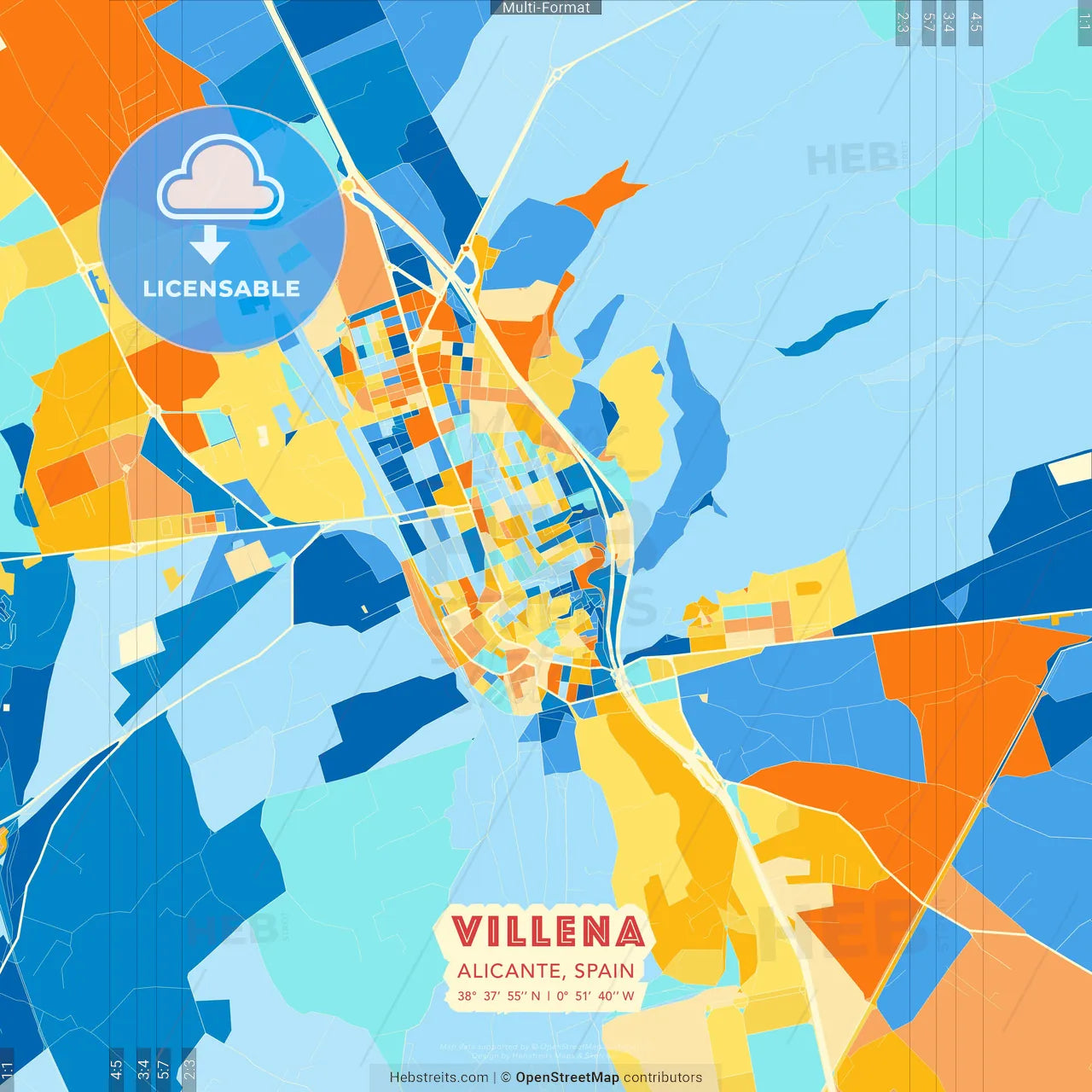 Villena, Alicante, Spain blue and orange vector art map template