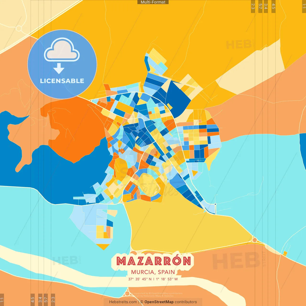 Mazarrón, Murcia, Spain blue and orange vector art map template