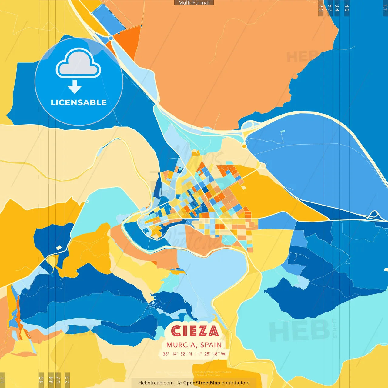 Cieza, Murcia, Spain blue and orange vector art map template