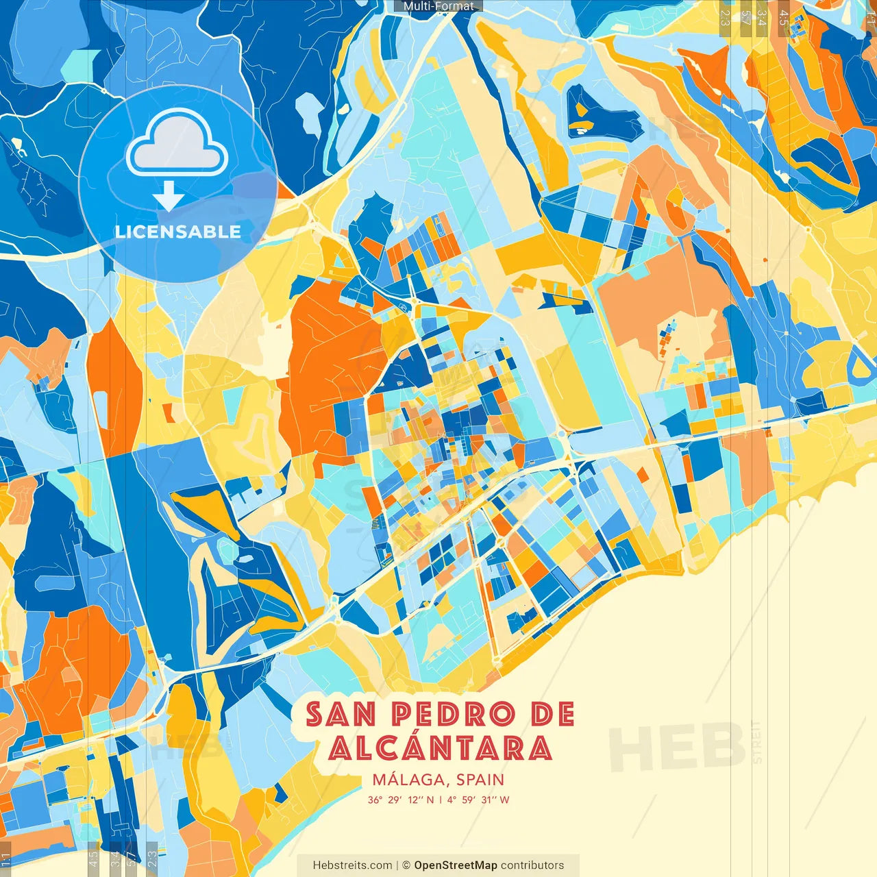 San Pedro de Alcántara, Málaga, Spain blue and orange vector art map template