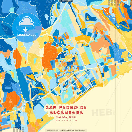 San Pedro de Alcántara, Málaga, Spain blue and orange vector art map template