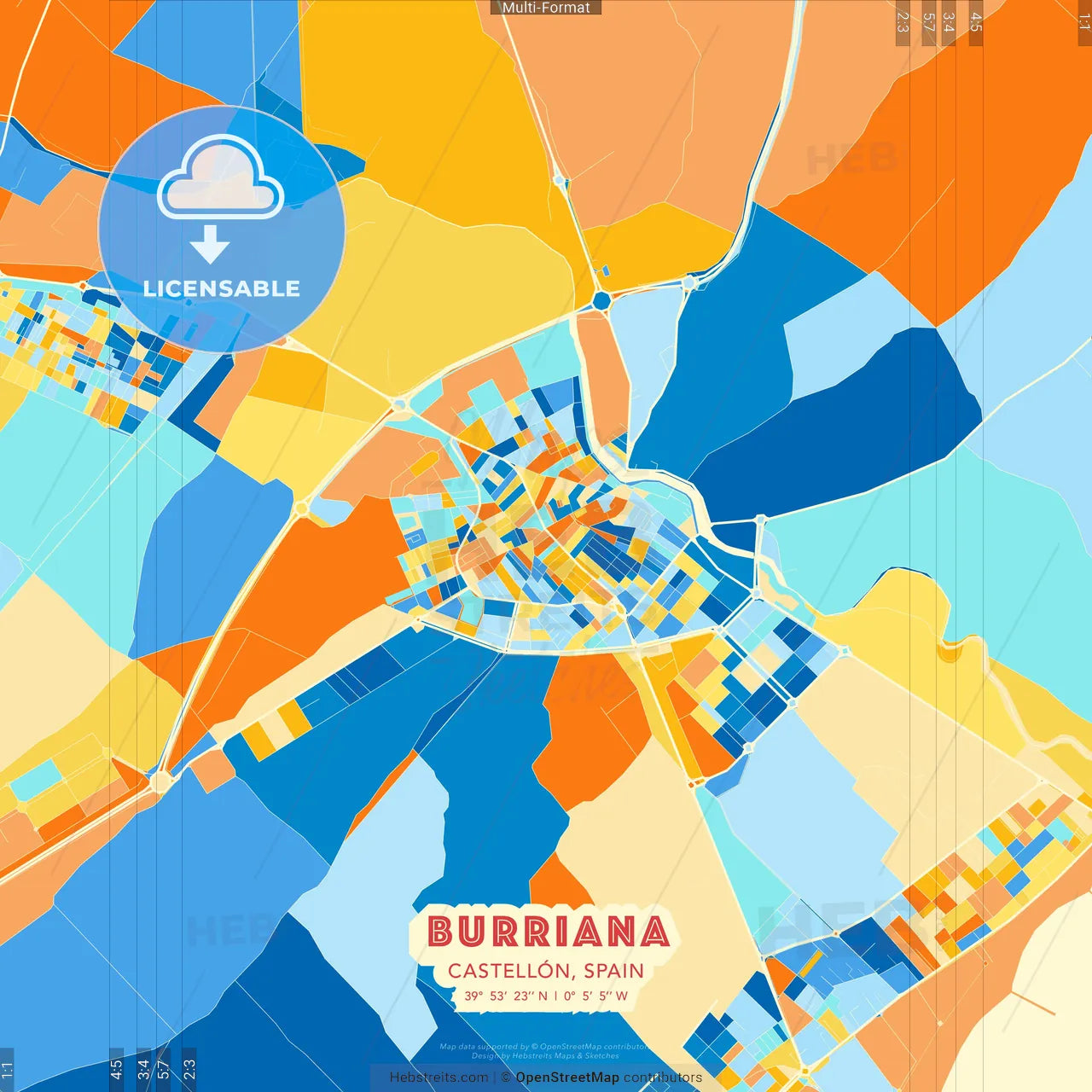 Burriana, Castellón, Spain blue and orange vector art map template