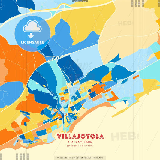 Villajoyosa, Alacant, Spain blue and orange vector art map template