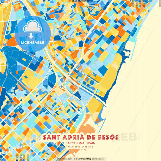 Sant Adrià de Besòs, Barcelona, Spain blue and orange vector art map template