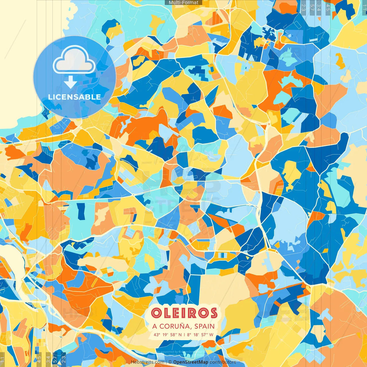 Oleiros, A Coruña, Spain blue and orange vector art map template
