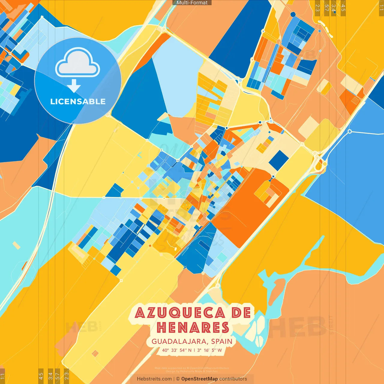 Azuqueca de Henares, Guadalajara, Spain blue and orange vector art map template
