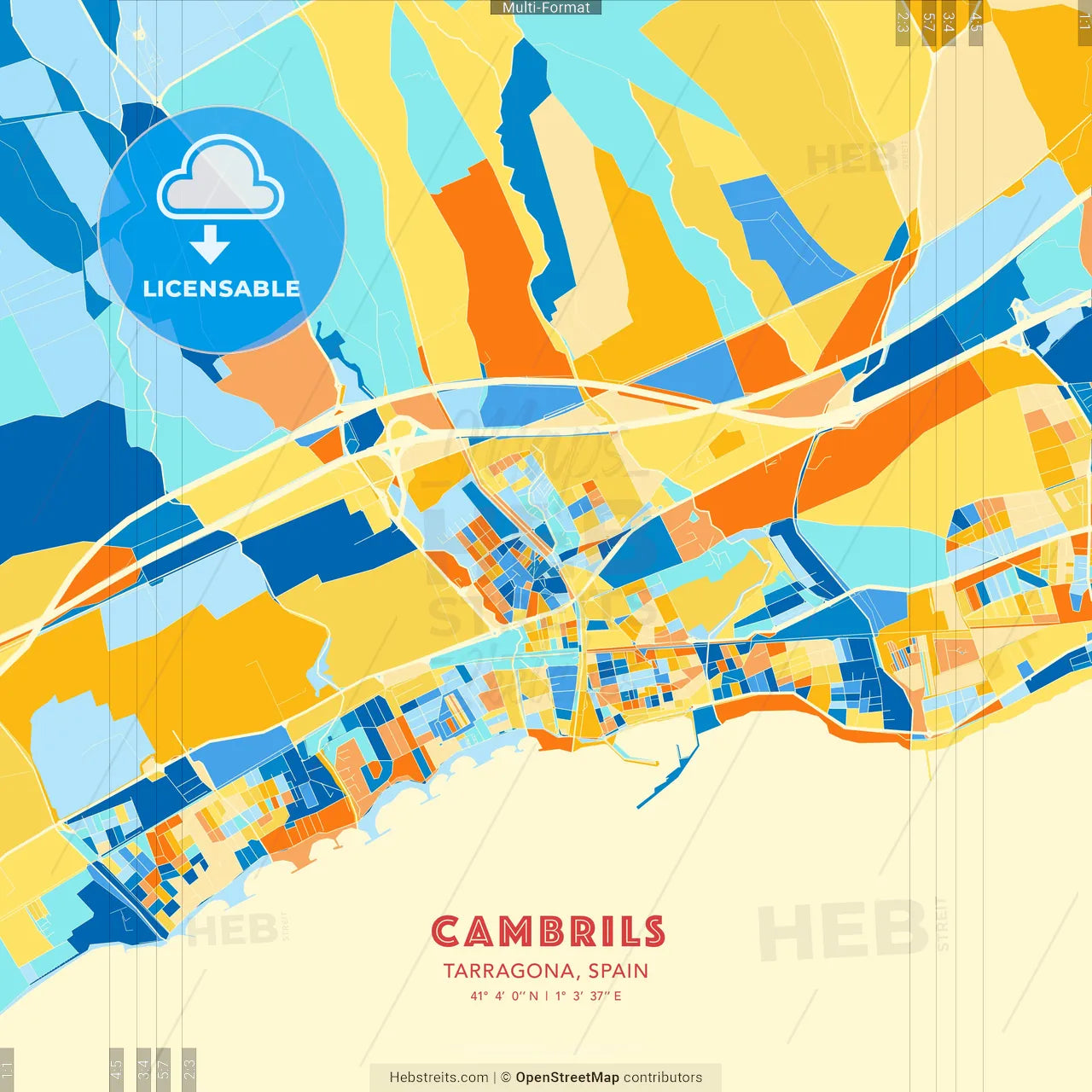 Cambrils, Tarragona, Spain blue and orange vector art map template