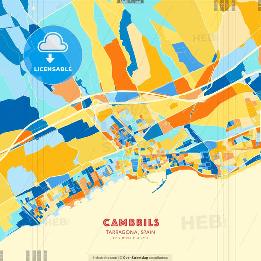 Cambrils, Tarragona, Spain blue and orange vector art map template