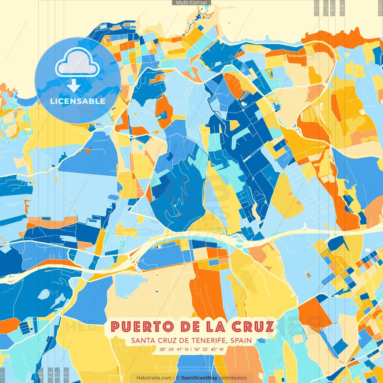 Puerto de la Cruz, Santa Cruz de Tenerife, Spain blue and orange vector art map template