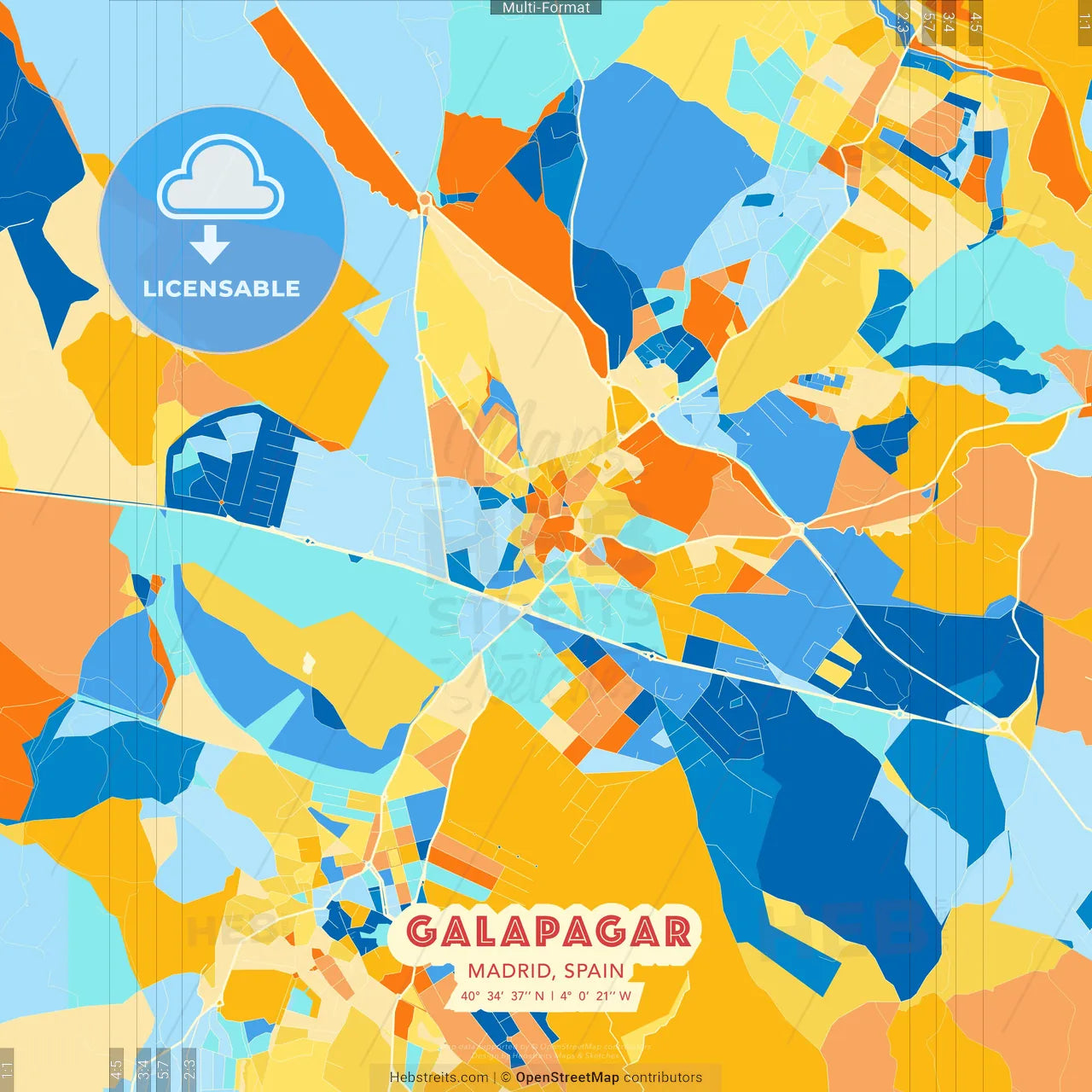 Galapagar, Madrid, Spain blue and orange vector art map template