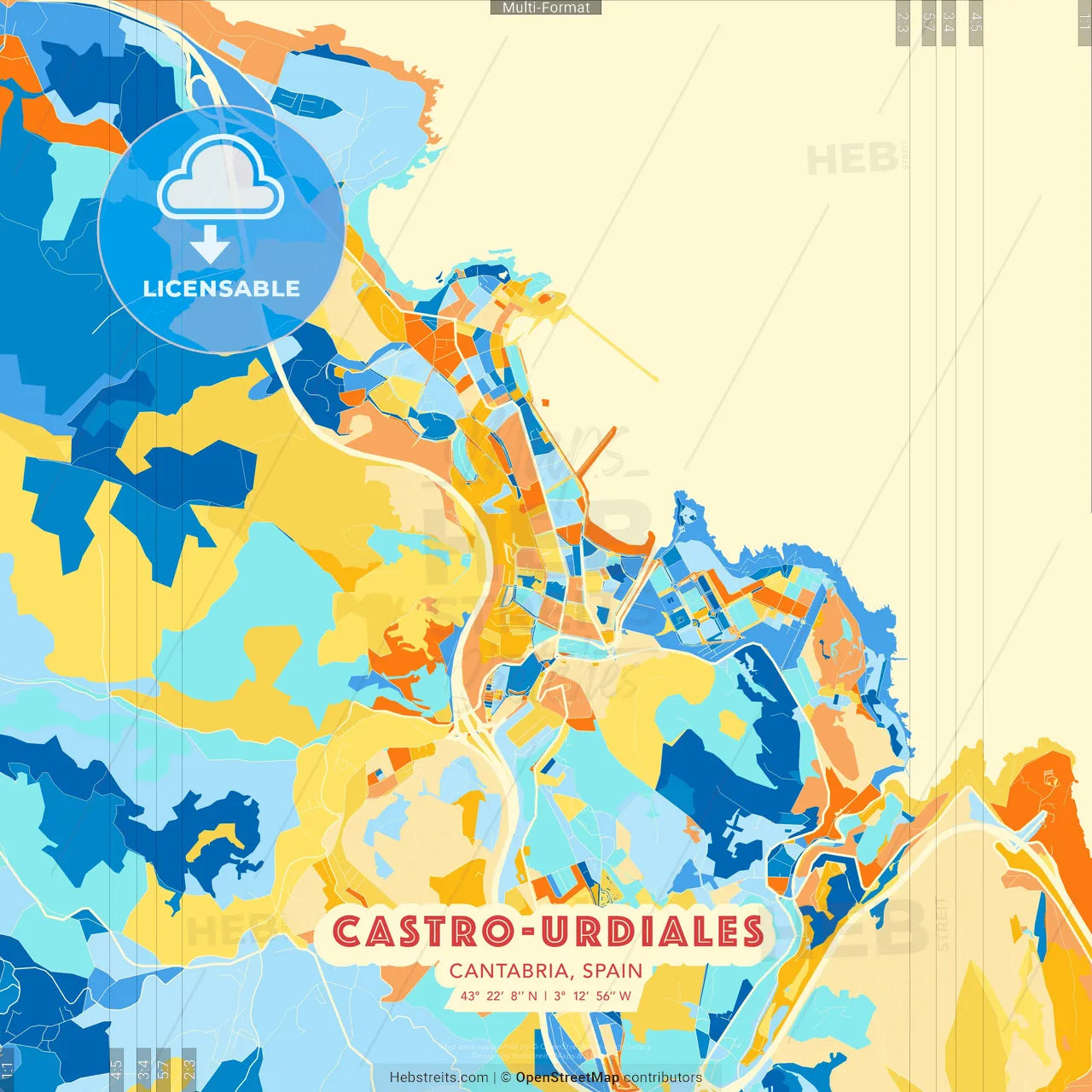 Castro-Urdiales, Cantabria, Spain blue and orange vector art map template