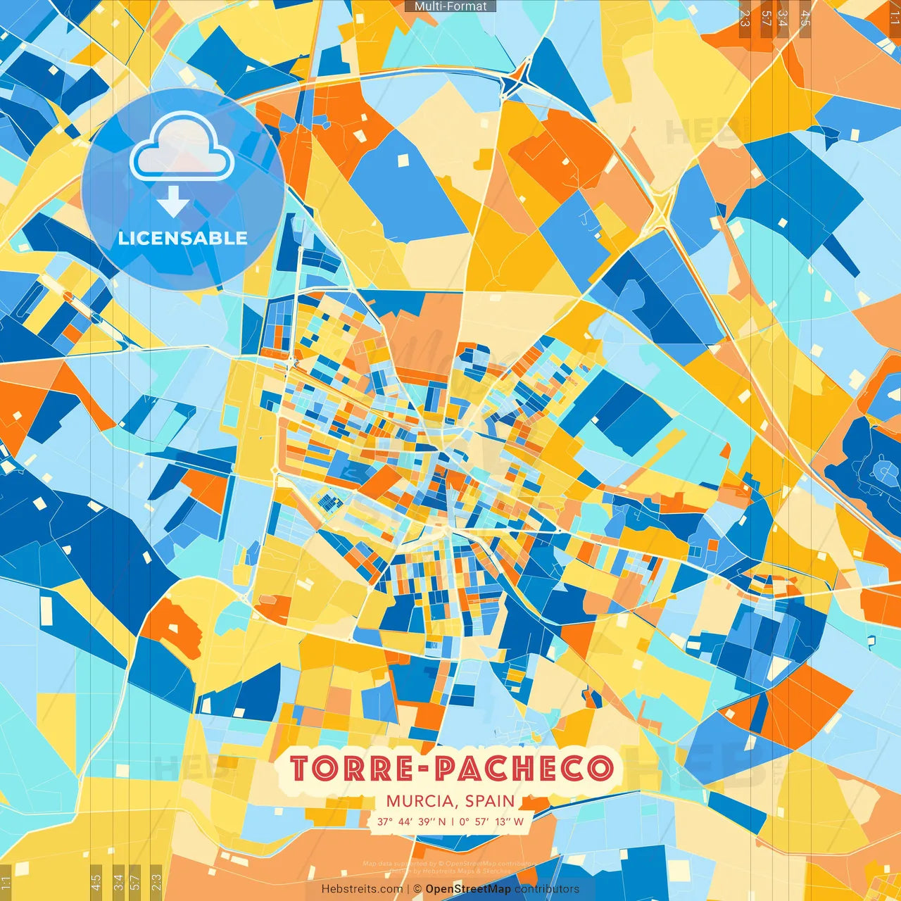Torre-Pacheco, Murcia, Spain blue and orange vector art map template