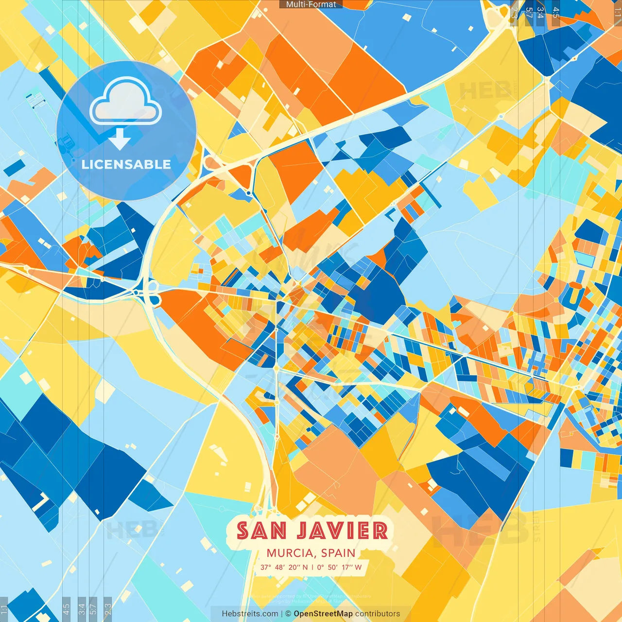 San Javier, Murcia, Spain blue and orange vector art map template