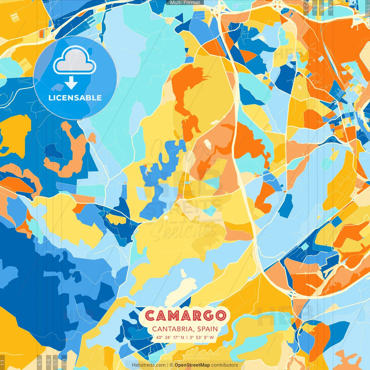 Camargo, Cantabria, Spain blue and orange vector art map template