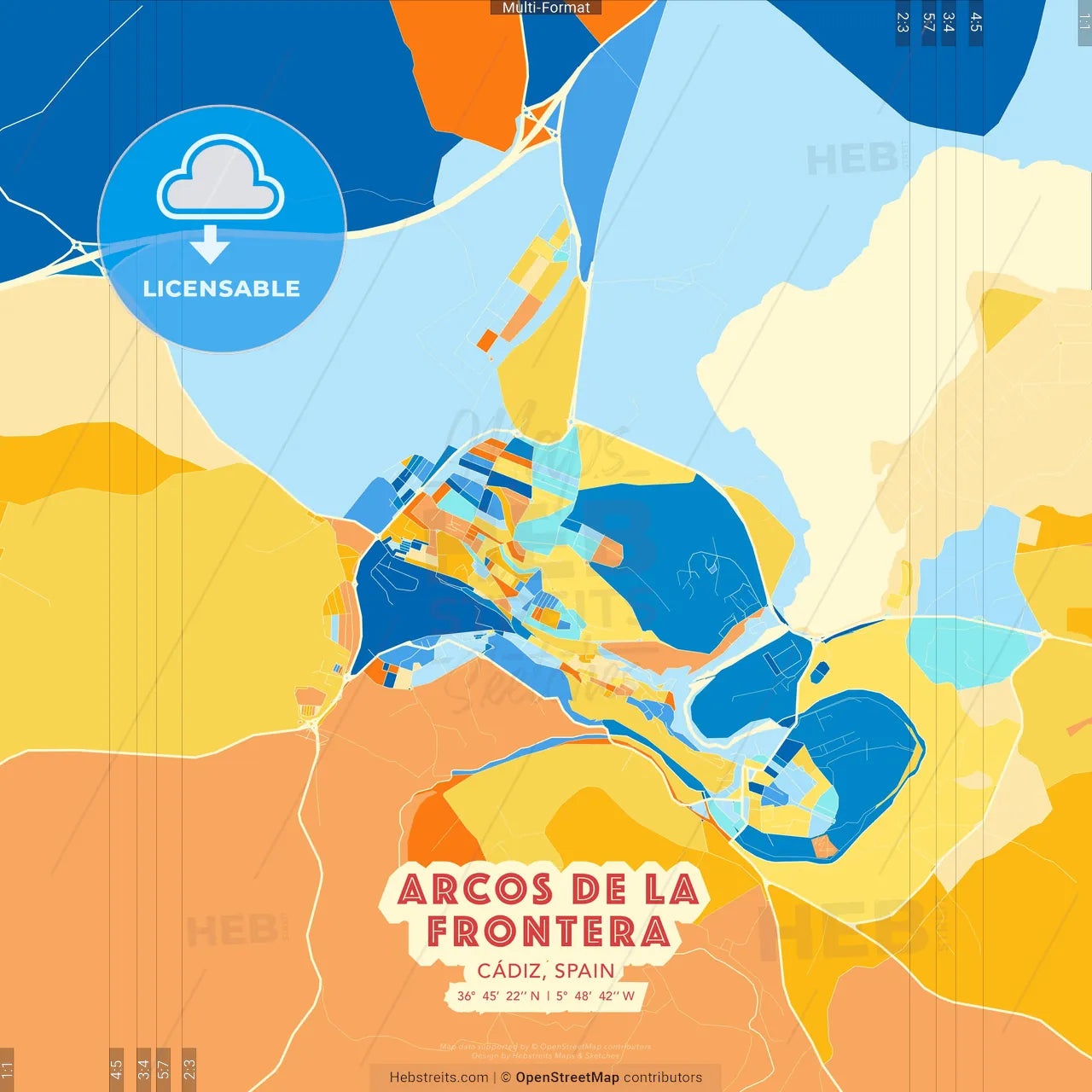 Arcos de la Frontera, Cádiz, Spain blue and orange vector art map template