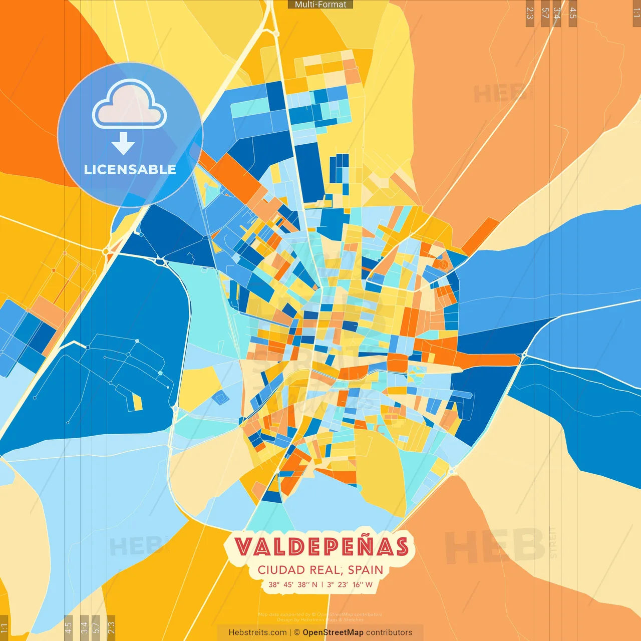 Valdepeñas, Ciudad Real, Spain blue and orange vector art map template