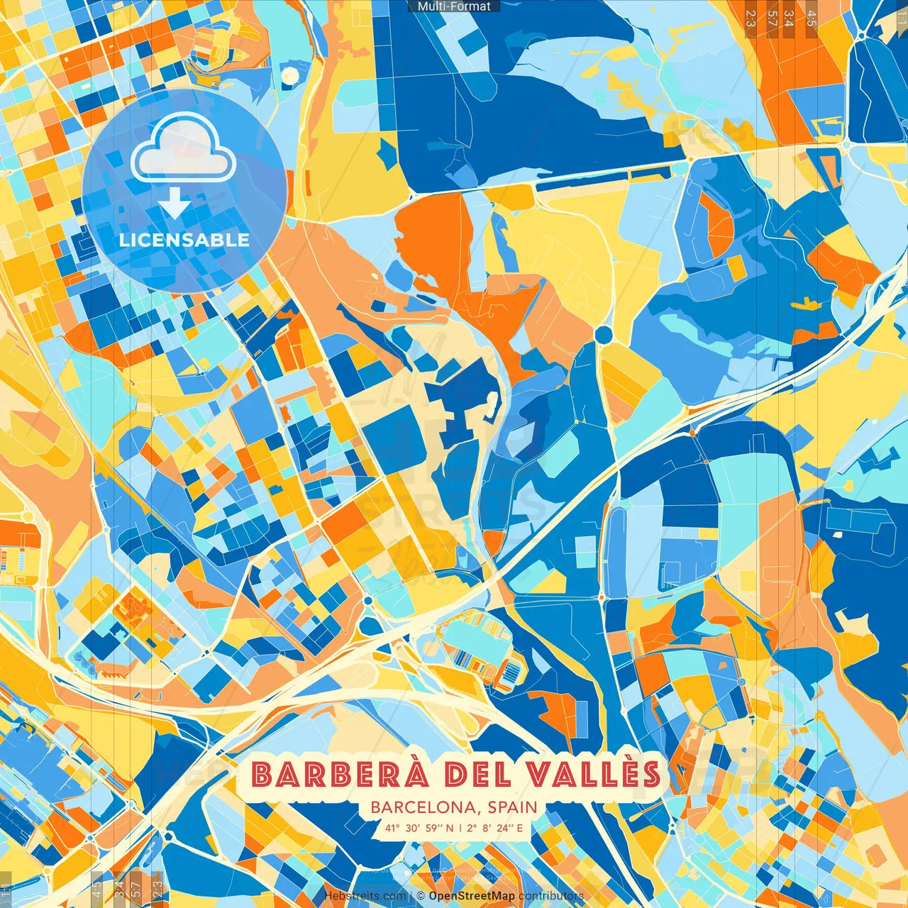 Barberà del Vallès, Barcelona, Spain blue and orange vector art map template