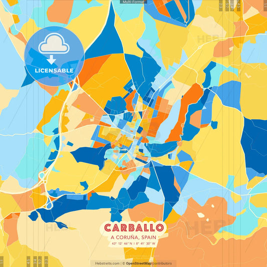 Carballo, A Coruña, Spain blue and orange vector art map template