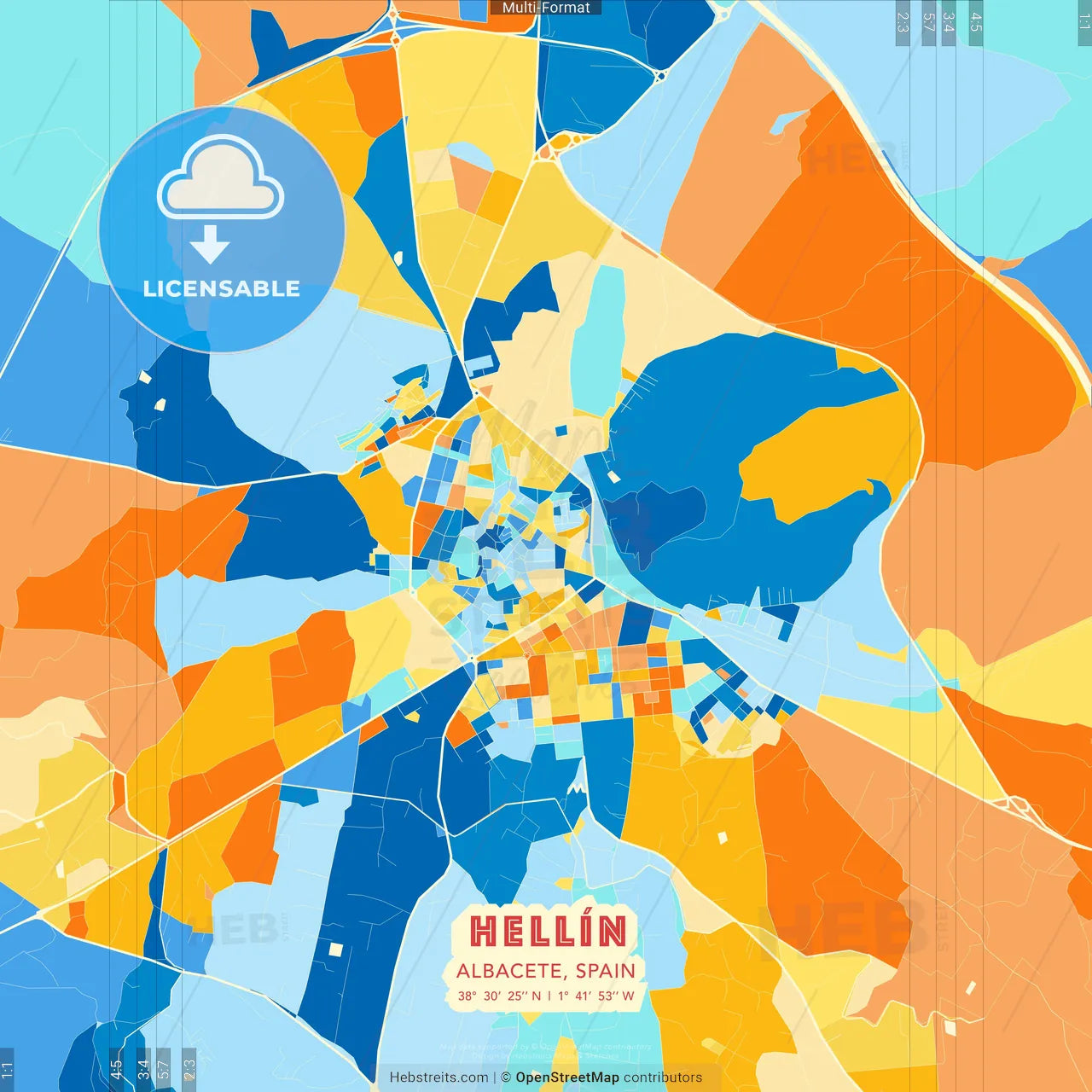 Hellín, Albacete, Spain blue and orange vector art map template