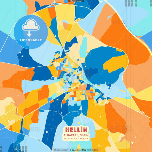 Hellín, Albacete, Spain blue and orange vector art map template
