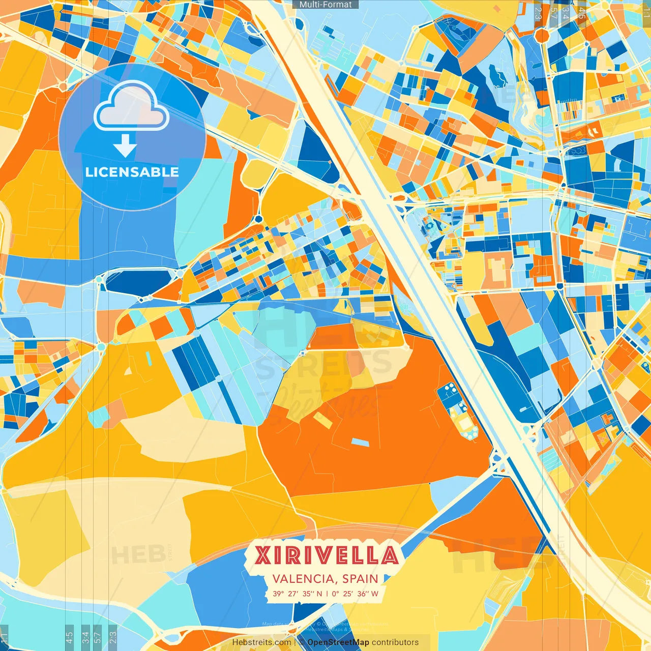 Xirivella, Valencia, Spain blue and orange vector art map template