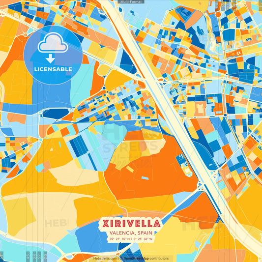 Xirivella, Valencia, Spain blue and orange vector art map template