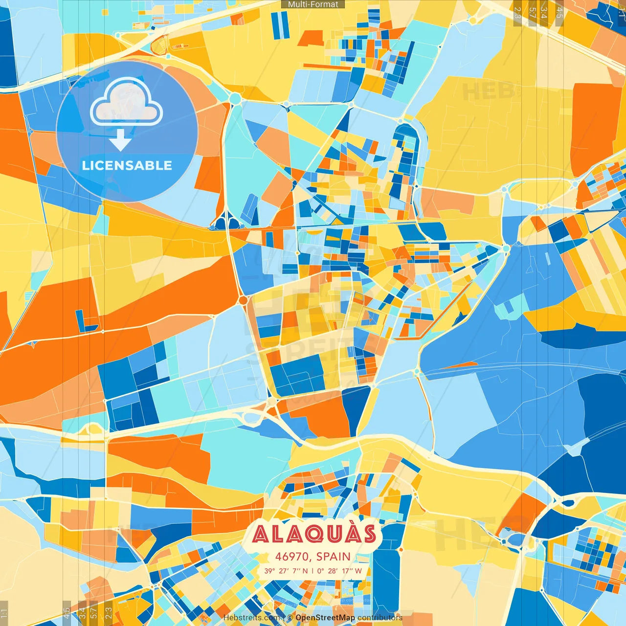 Alaquàs, 46970, Spain blue and orange vector art map template
