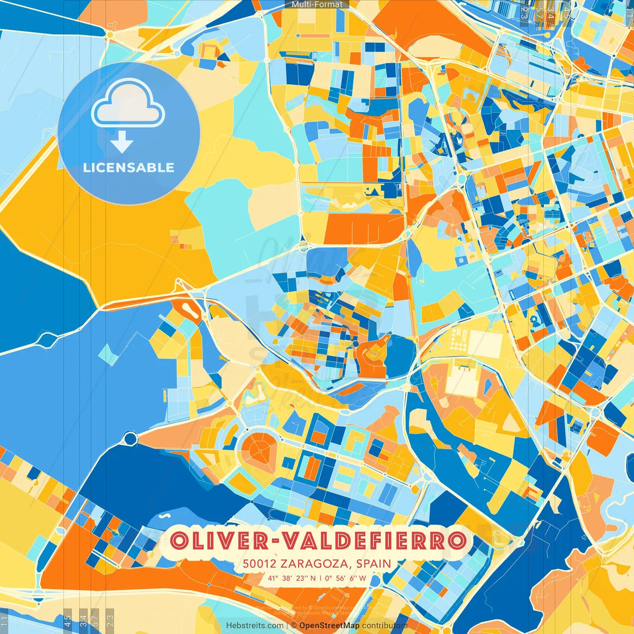 Oliver-Valdefierro, 50012 Zaragoza, Spain blue and orange vector art map template
