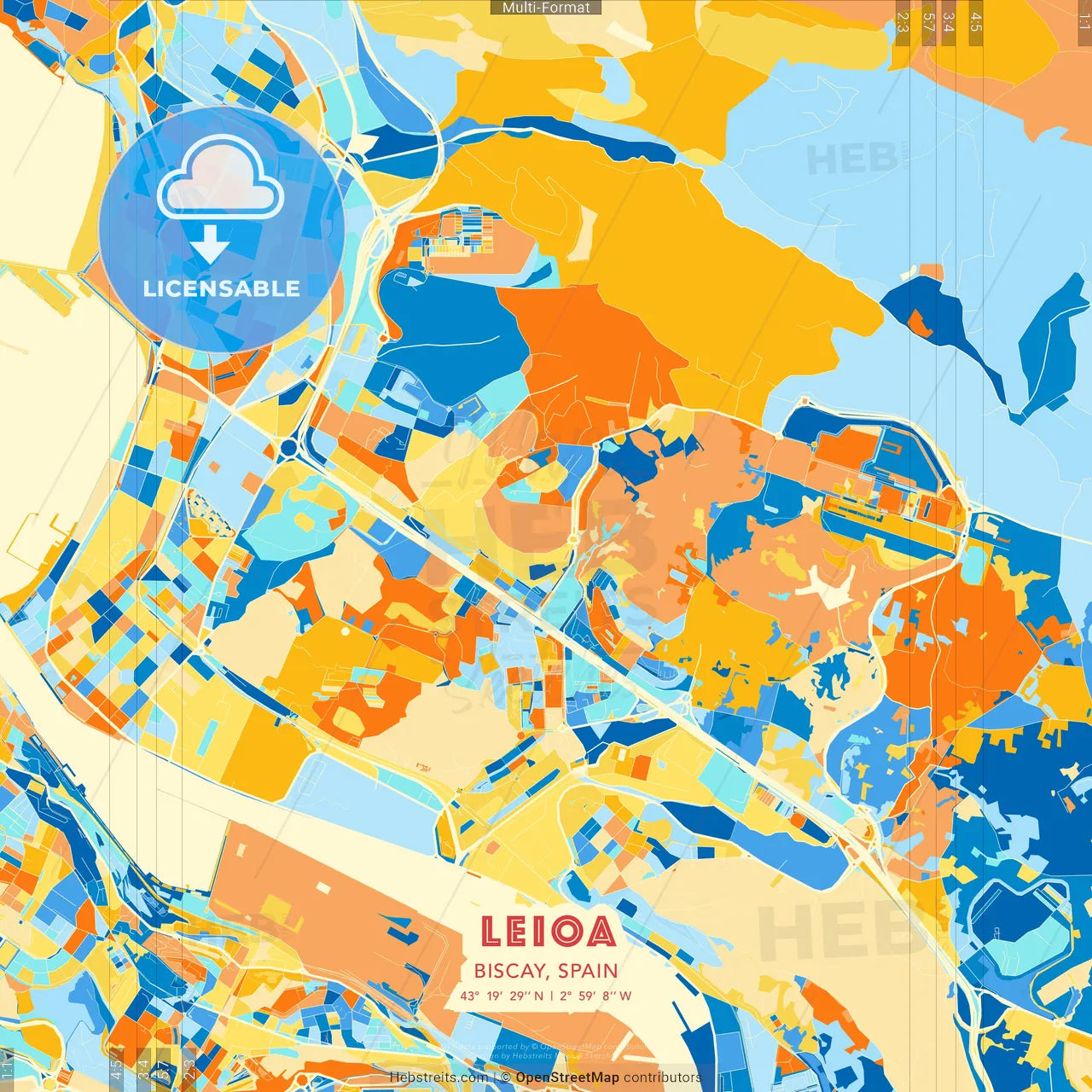 Leioa, Biscay, Spain blue and orange vector art map template