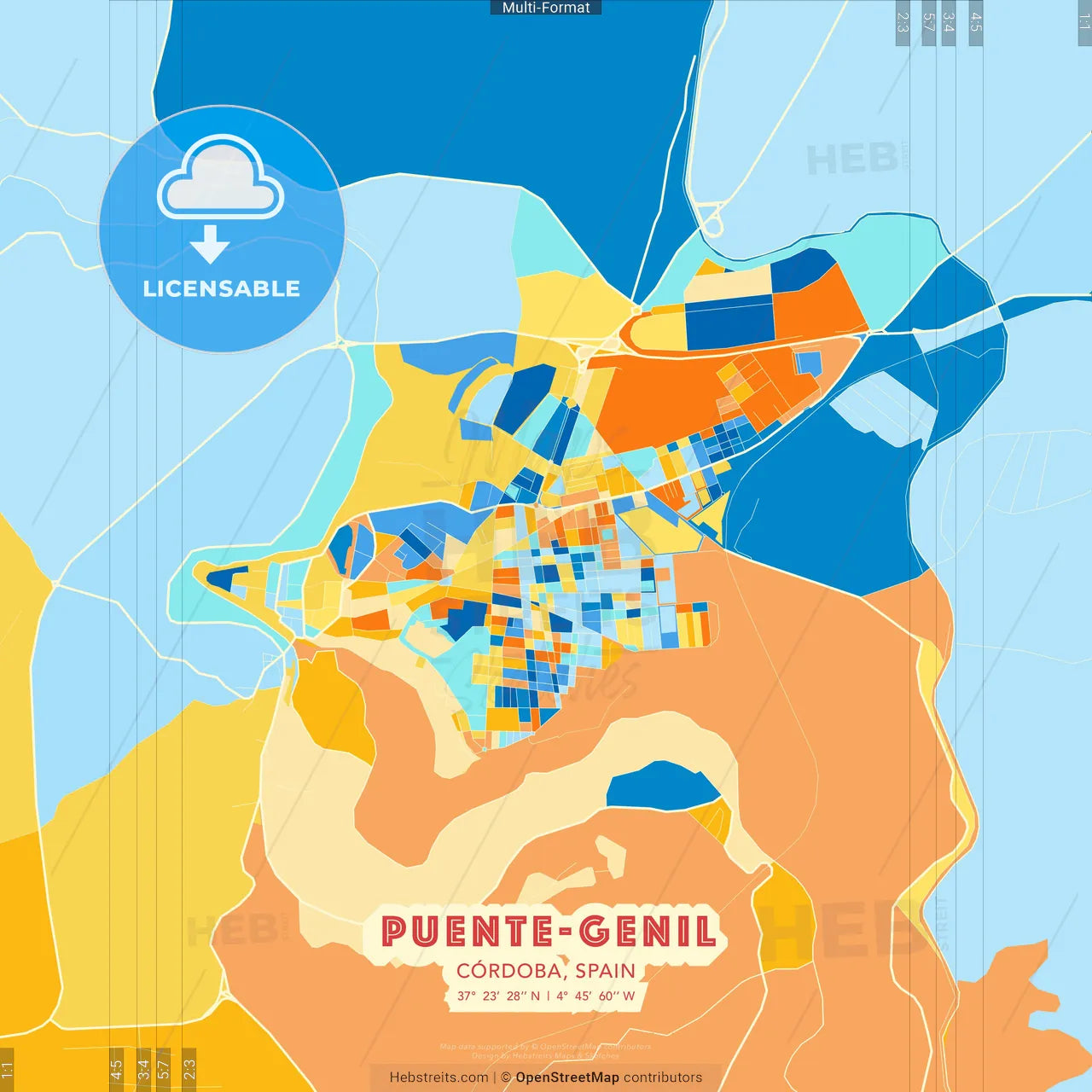 Puente-Genil, Córdoba, Spain blue and orange vector art map template