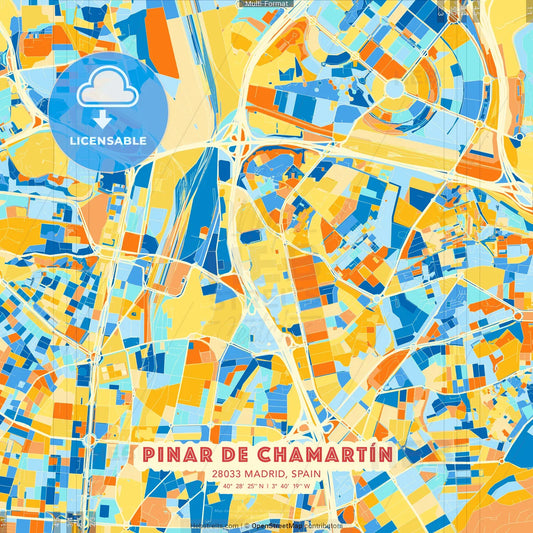 Pinar de Chamartín, 28033 Madrid, Spain blue and orange vector art map template