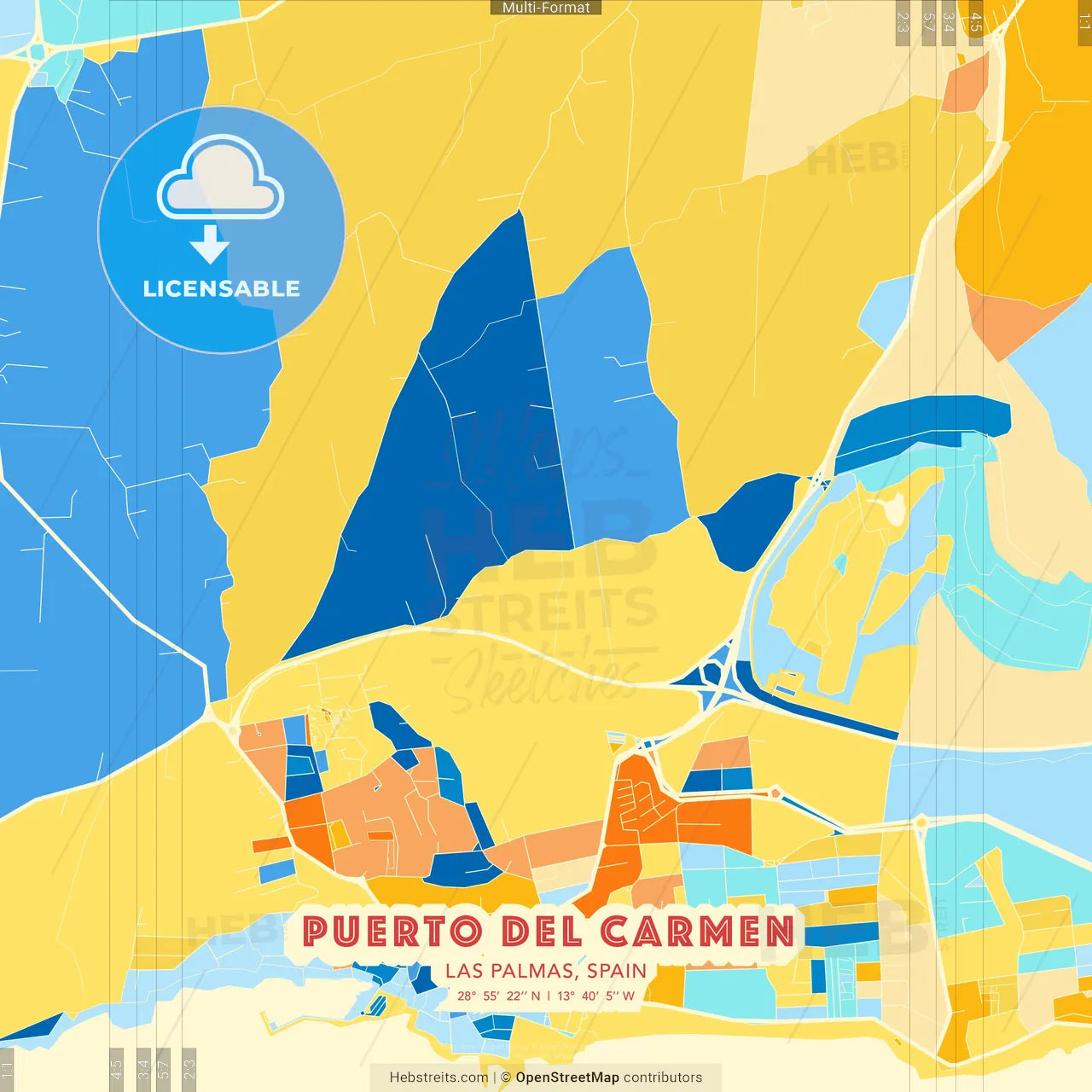 Puerto del Carmen, Las Palmas, Spain blue and orange vector art map template