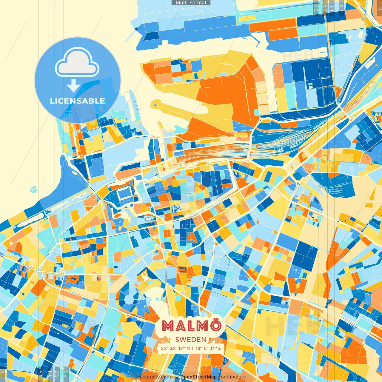 Malmö, Sweden blue and orange vector art map template