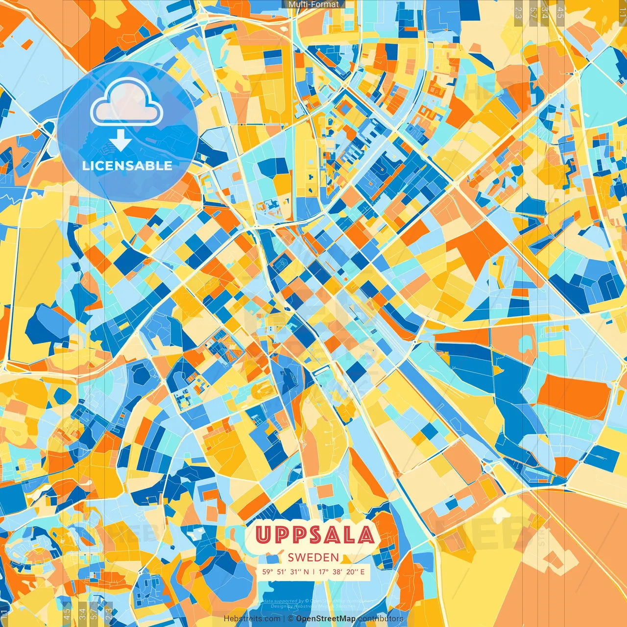 Uppsala, Sweden blue and orange vector art map template