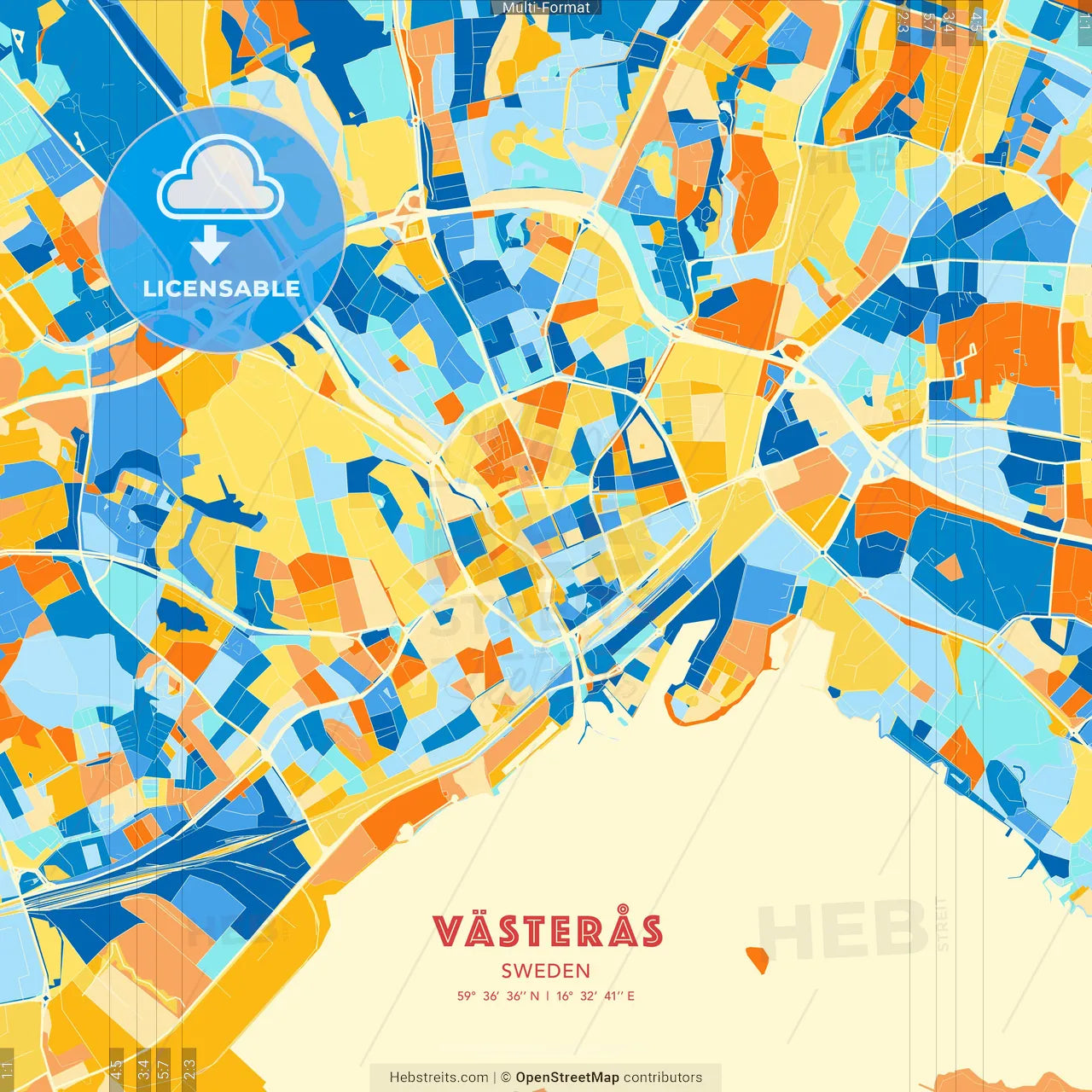 Västerås, Sweden blue and orange vector art map template