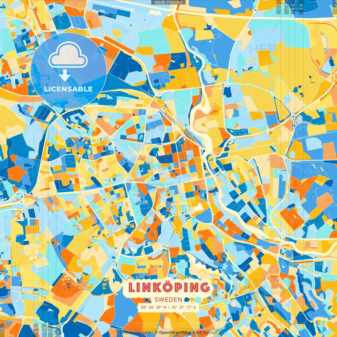 Linköping, Sweden blue and orange vector art map template