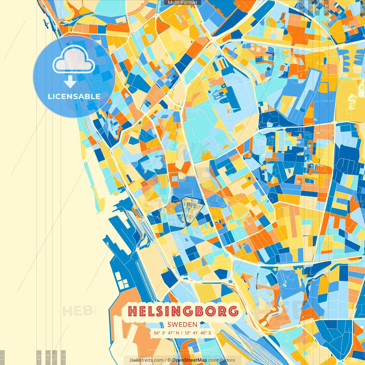 Helsingborg, Sweden blue and orange vector art map template