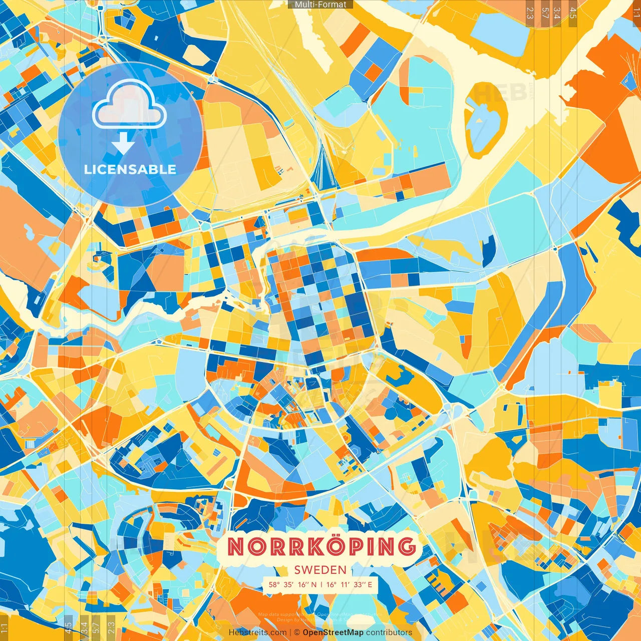 Norrköping, Sweden blue and orange vector art map template