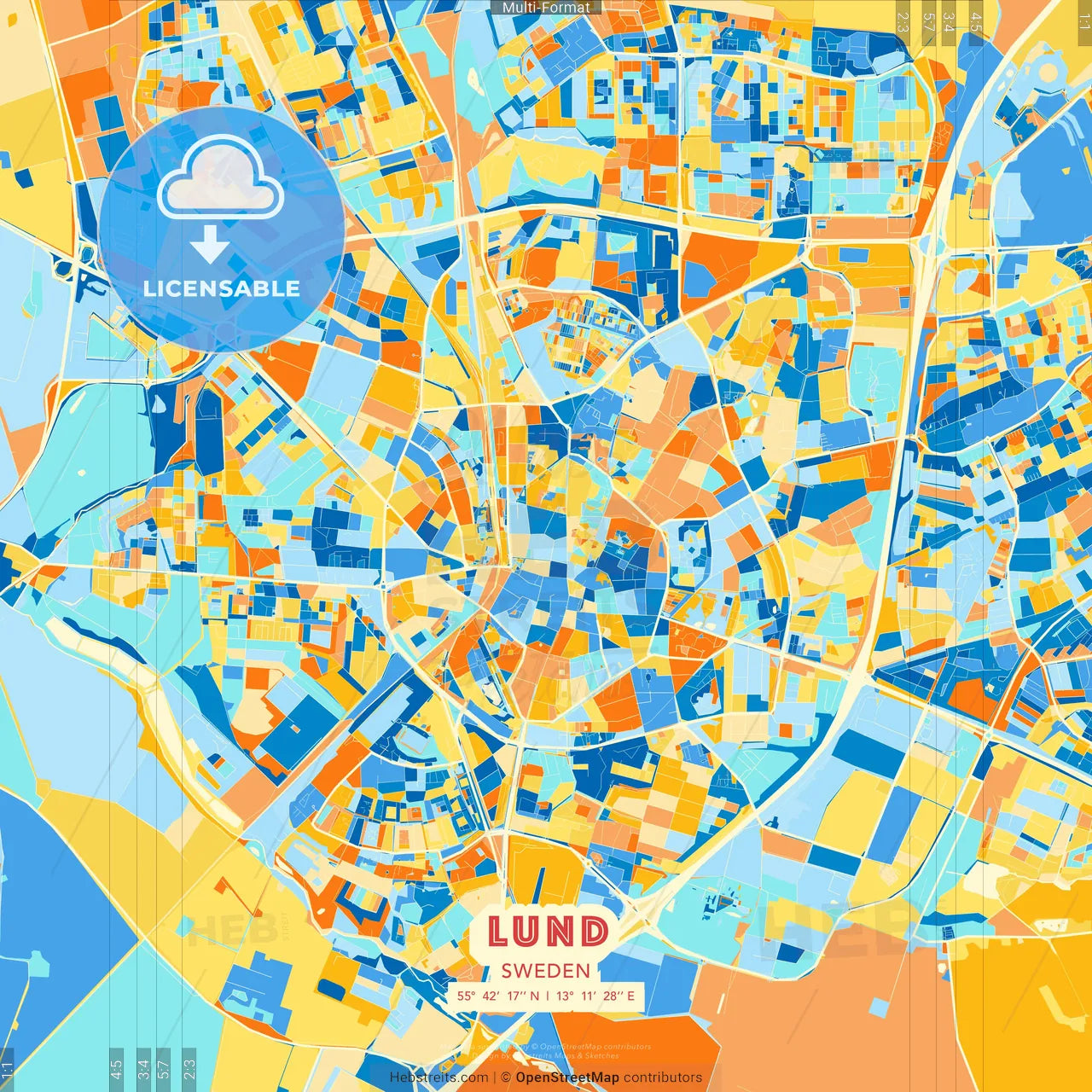 Lund, Sweden blue and orange vector art map template