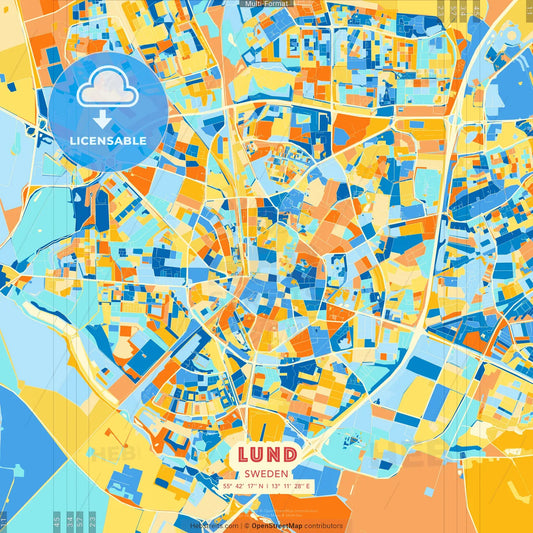 Lund, Sweden blue and orange vector art map template