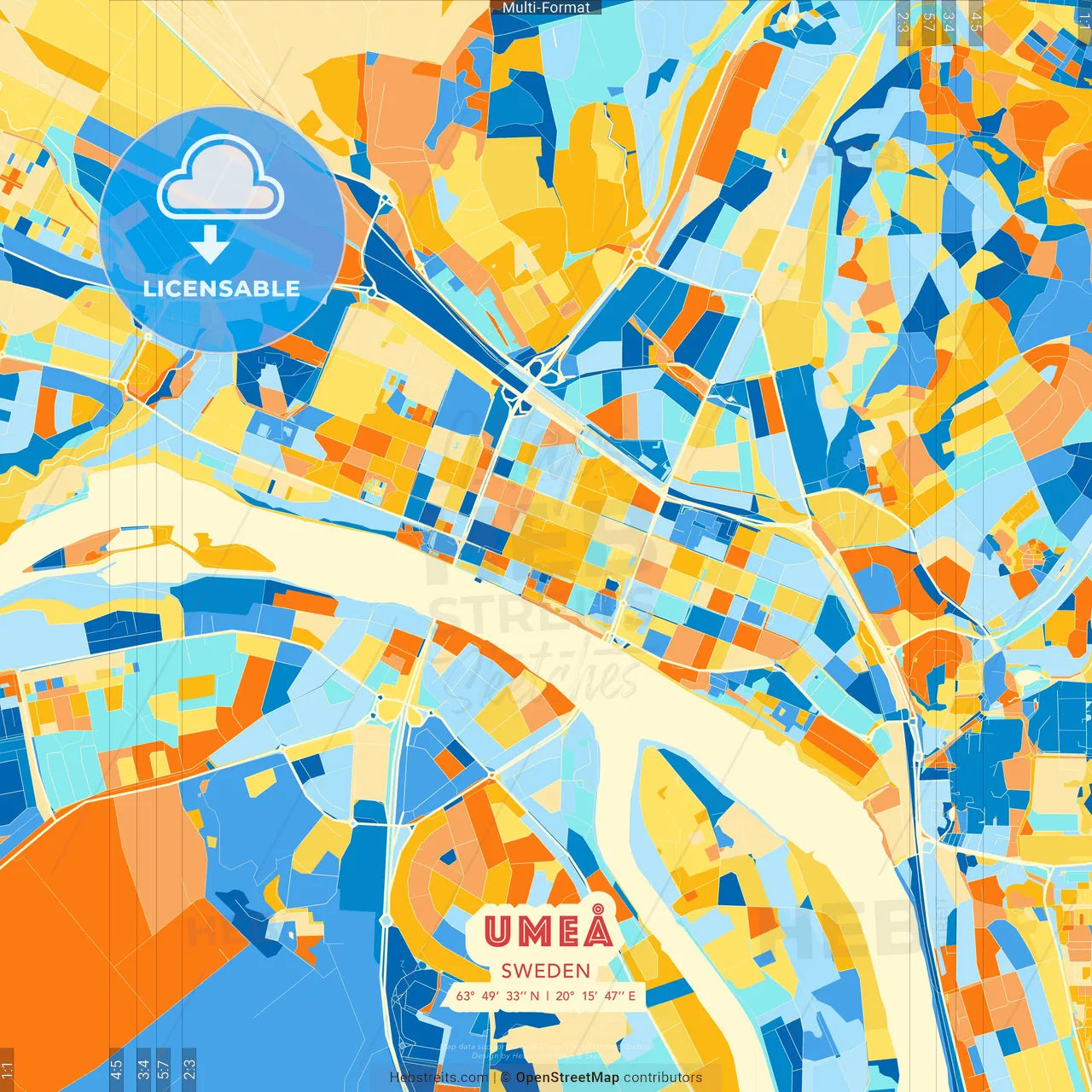 Umeå, Sweden blue and orange vector art map template